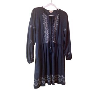 Knox Rose Embroidered Boho Dress Long Sleeve Cottagecore Tassel Tie Neck Blue M